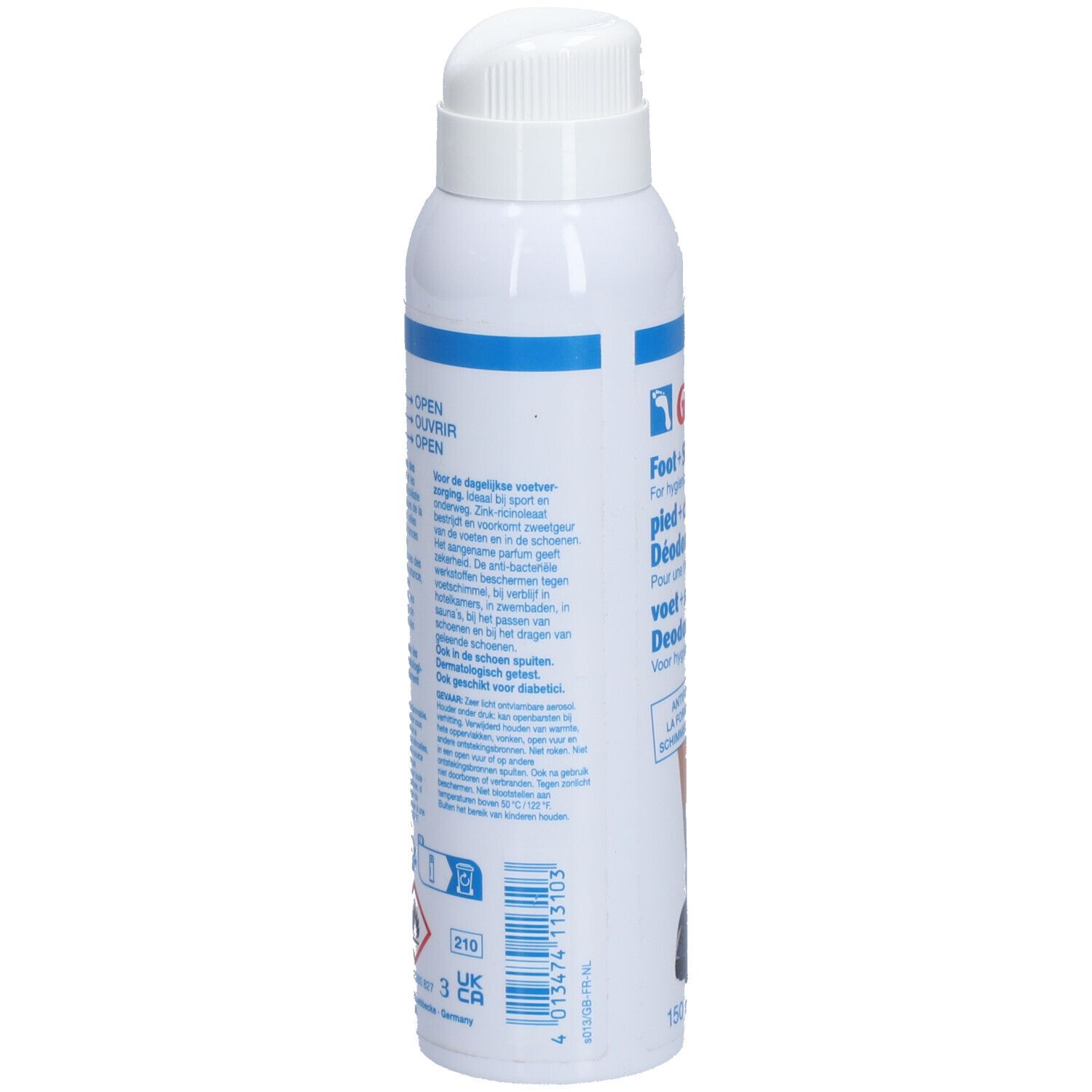 Gehwol Fuß- und Schuhdeo-Spray. Weiße Sprühflasche, Seitenansicht. Textinformationen und Barcode auf dem Etikett.