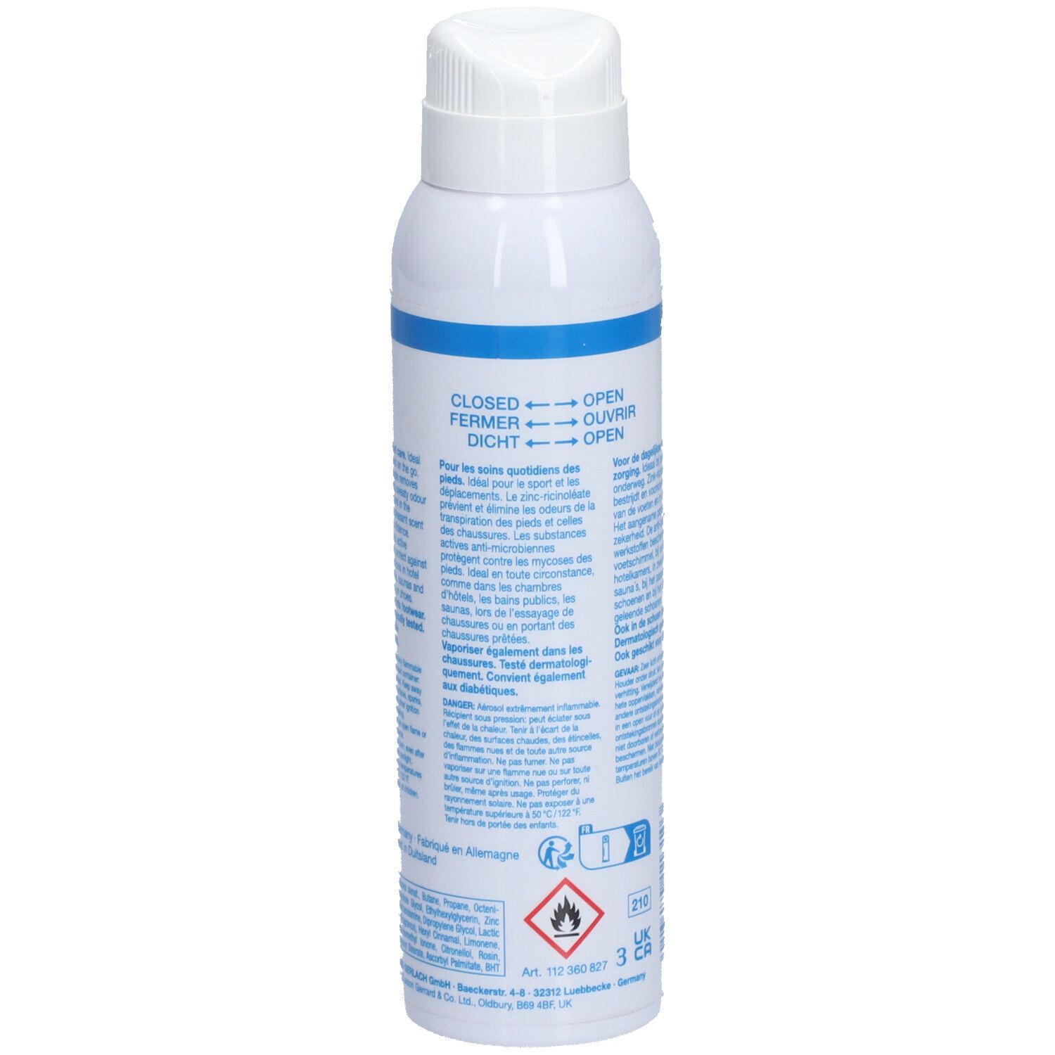 Gehwol Fuß- und Schuhdeo-Spray. Weiße Sprühflasche, Rückansicht. Textinformationen und Piktogramme auf dem Etikett.