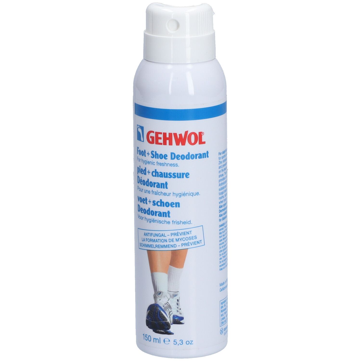 Gehwol Fuß- und Schuhdeo-Spray. Weiße Sprühflasche mit blauem Etikett. Produktname und Illustration von Füßen und Schuhen.