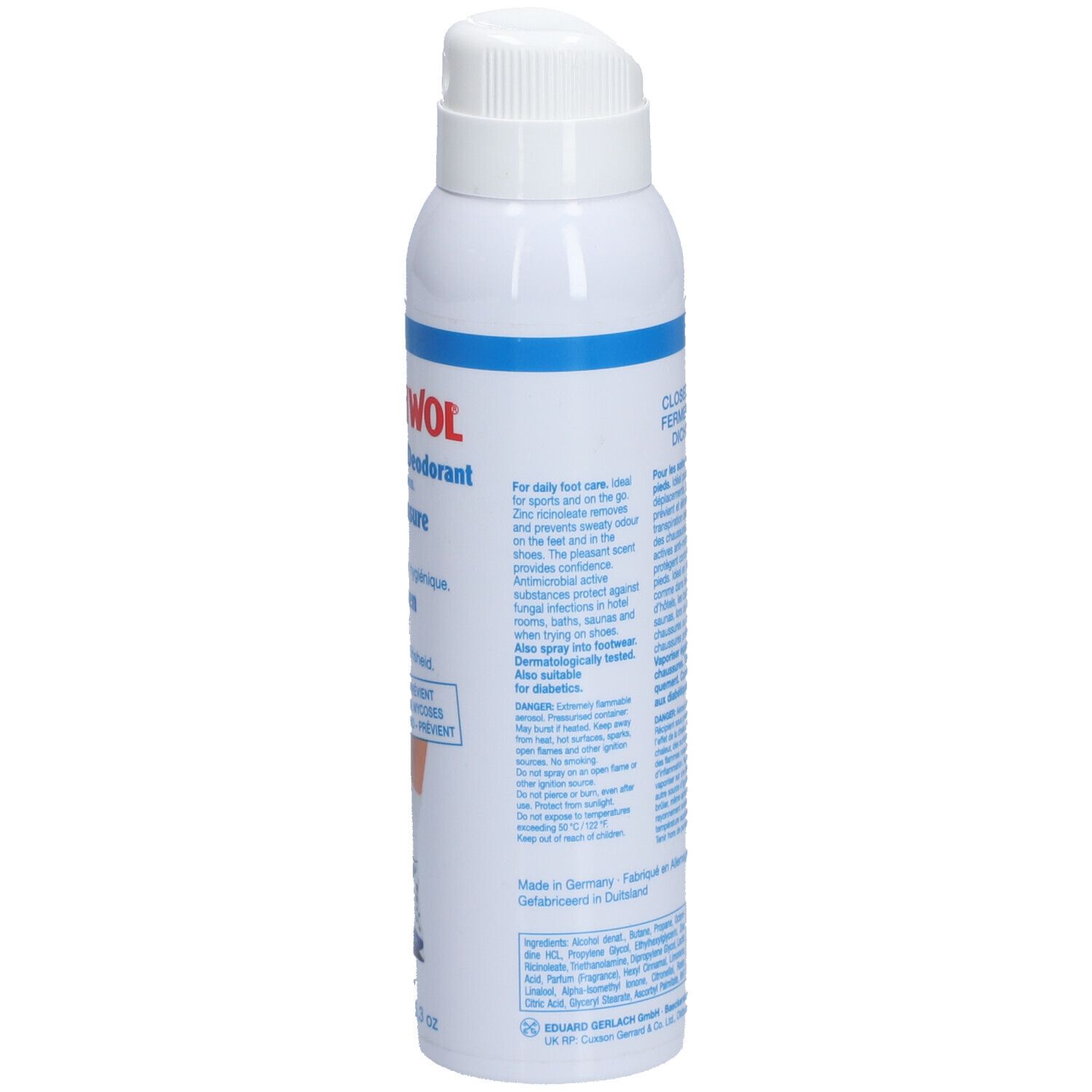 Gehwol Fuß- und Schuhdeo-Spray. Weiße Sprühflasche, Seitenansicht. Textinformationen auf dem Etikett.