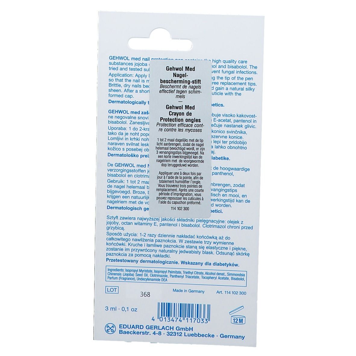 Dos de l'emballage du stylo protecteur pour ongles GEHWOL med. Texte multilingue. Informations sur le produit et coordonnées du fabricant.