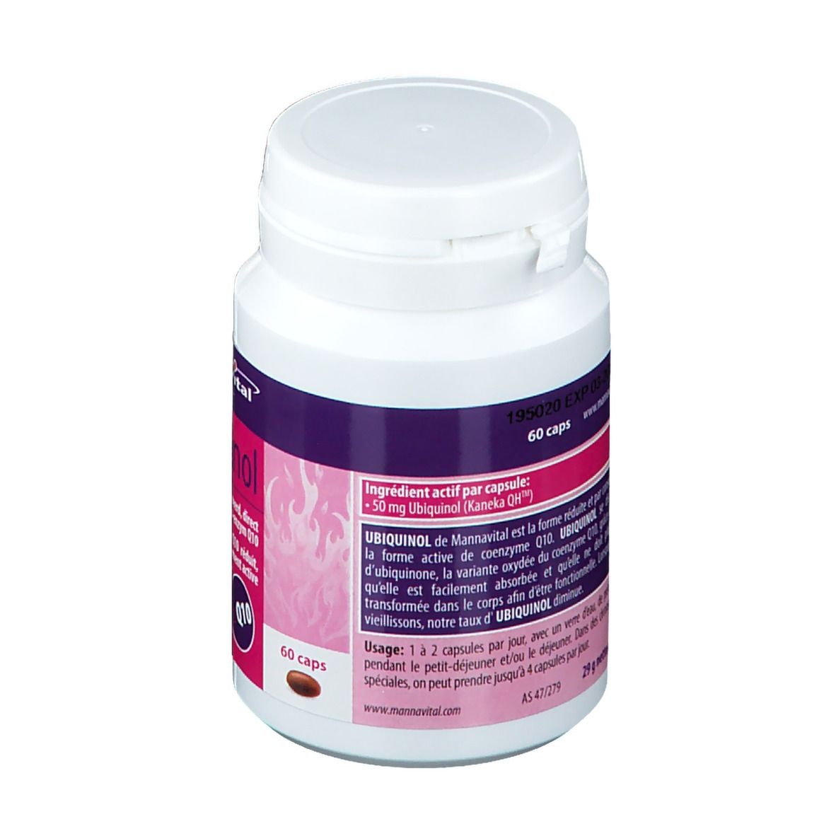 Witte fles met paars etiket. Opschrift: Ubiquinol. Tekstinformatie. 60 capsules.
