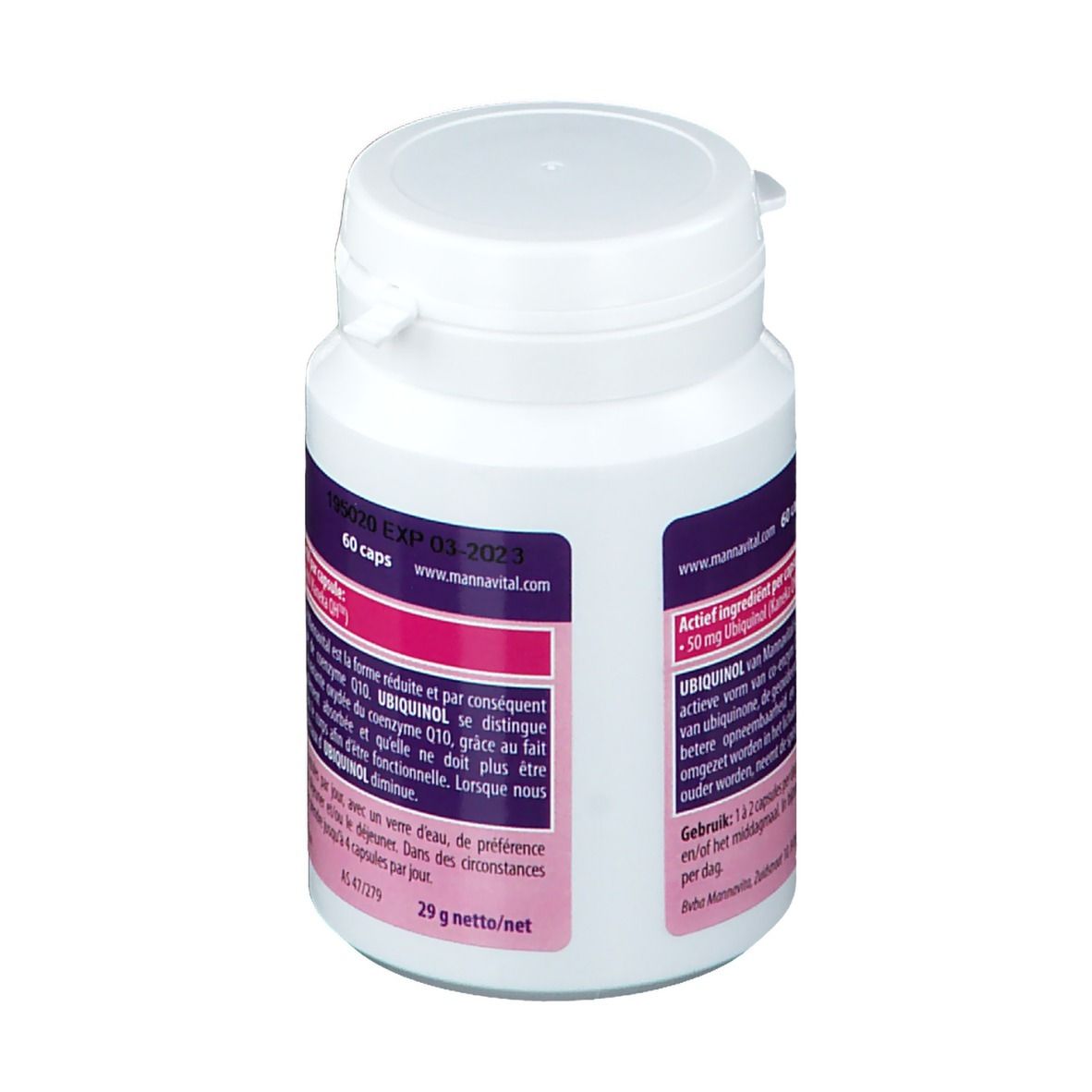 Witte fles met paars etiket. Opschrift: Ubiquinol. Tekstinformatie. 60 capsules.