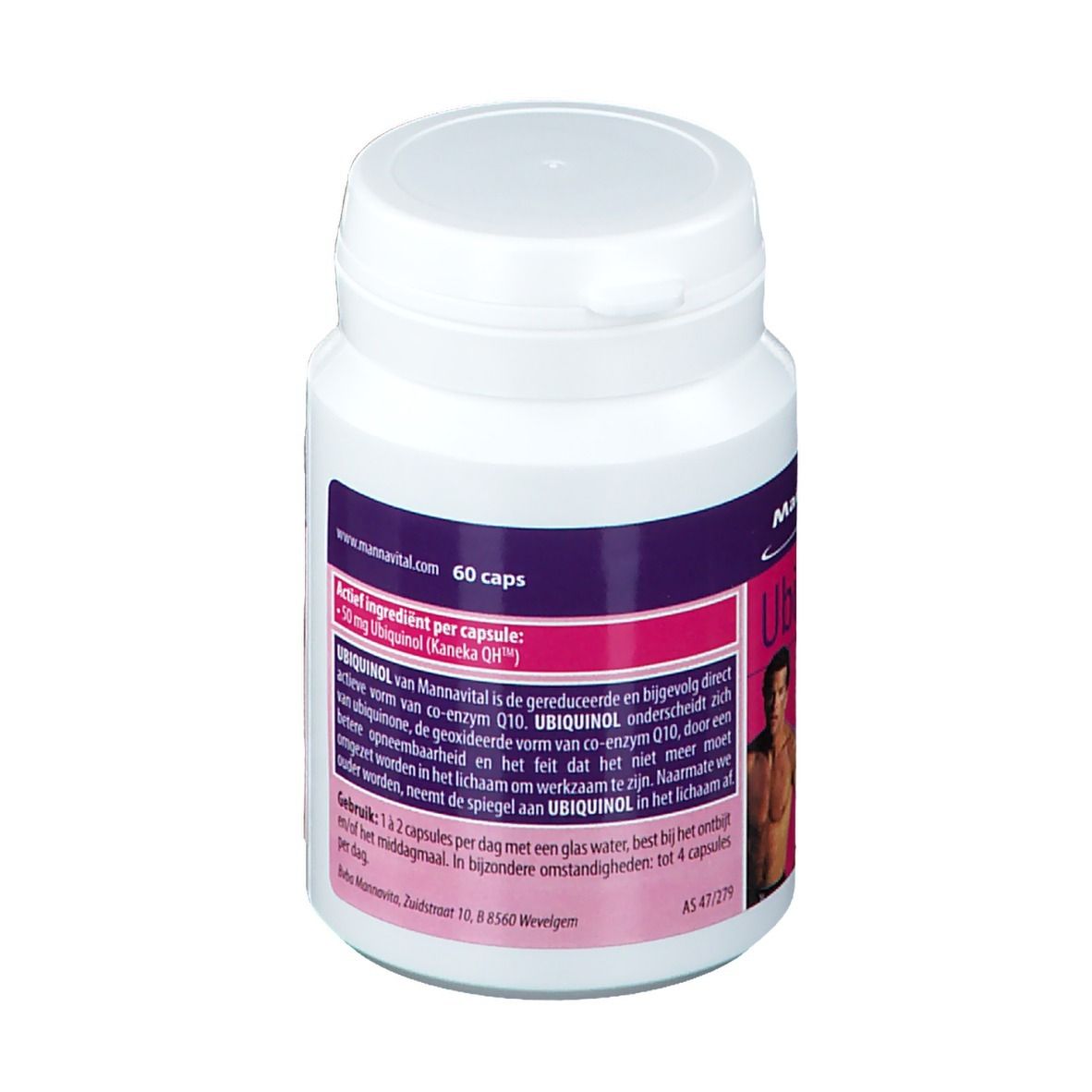 Witte fles met paars etiket. Opschrift: Ubiquinol. Tekstinformatie. 60 capsules.