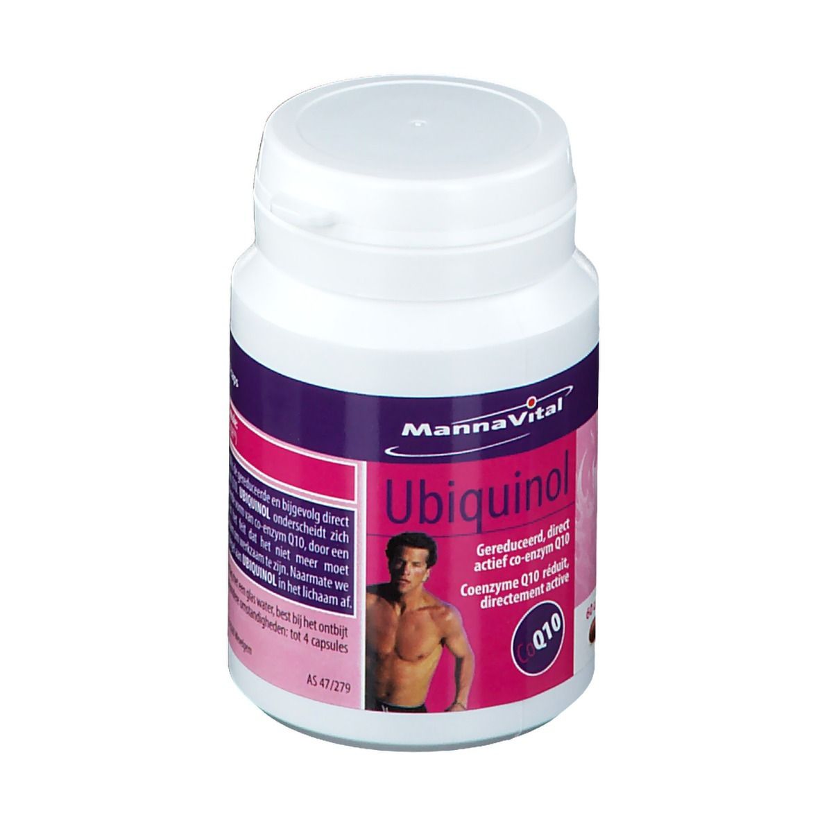Witte fles met paars etiket. Opschrift: Mannavital Ubiquinol Q10. Afbeelding van een man. 60 capsules.