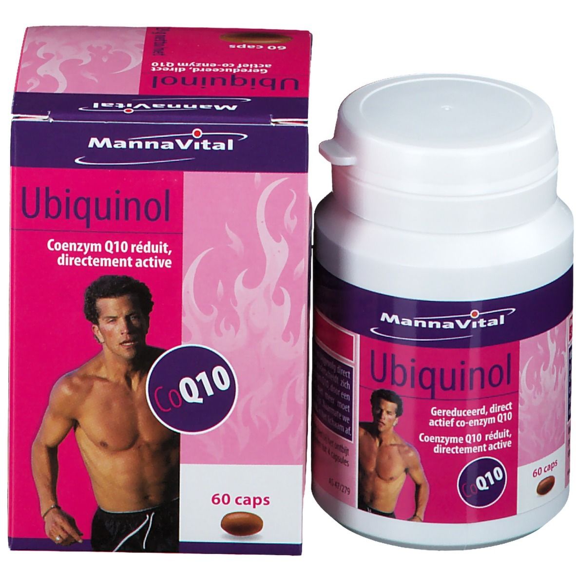 Productfles en doos. Opschrift: Mannavital Ubiquinol Q10. Afbeelding van een man. 60 capsules.
