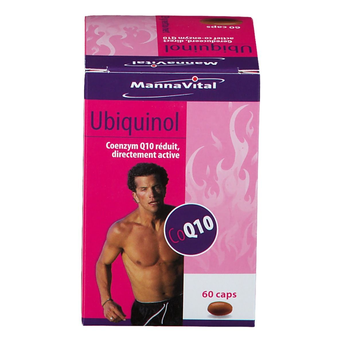 Productdoos. Opschrift: Mannavital Ubiquinol Q10. Afbeelding van een man. 60 capsules.