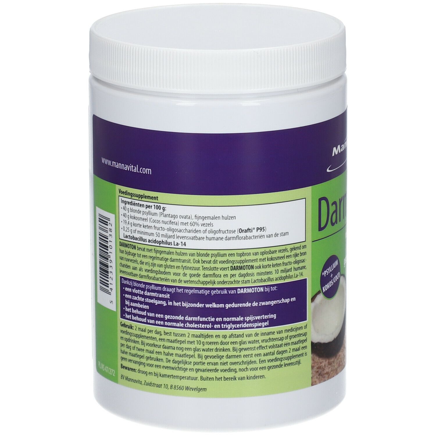 Produit blanc avec étiquettes violettes et vertes. Texte: Ingrédients, www.mannavital.com. Dos avec texte.