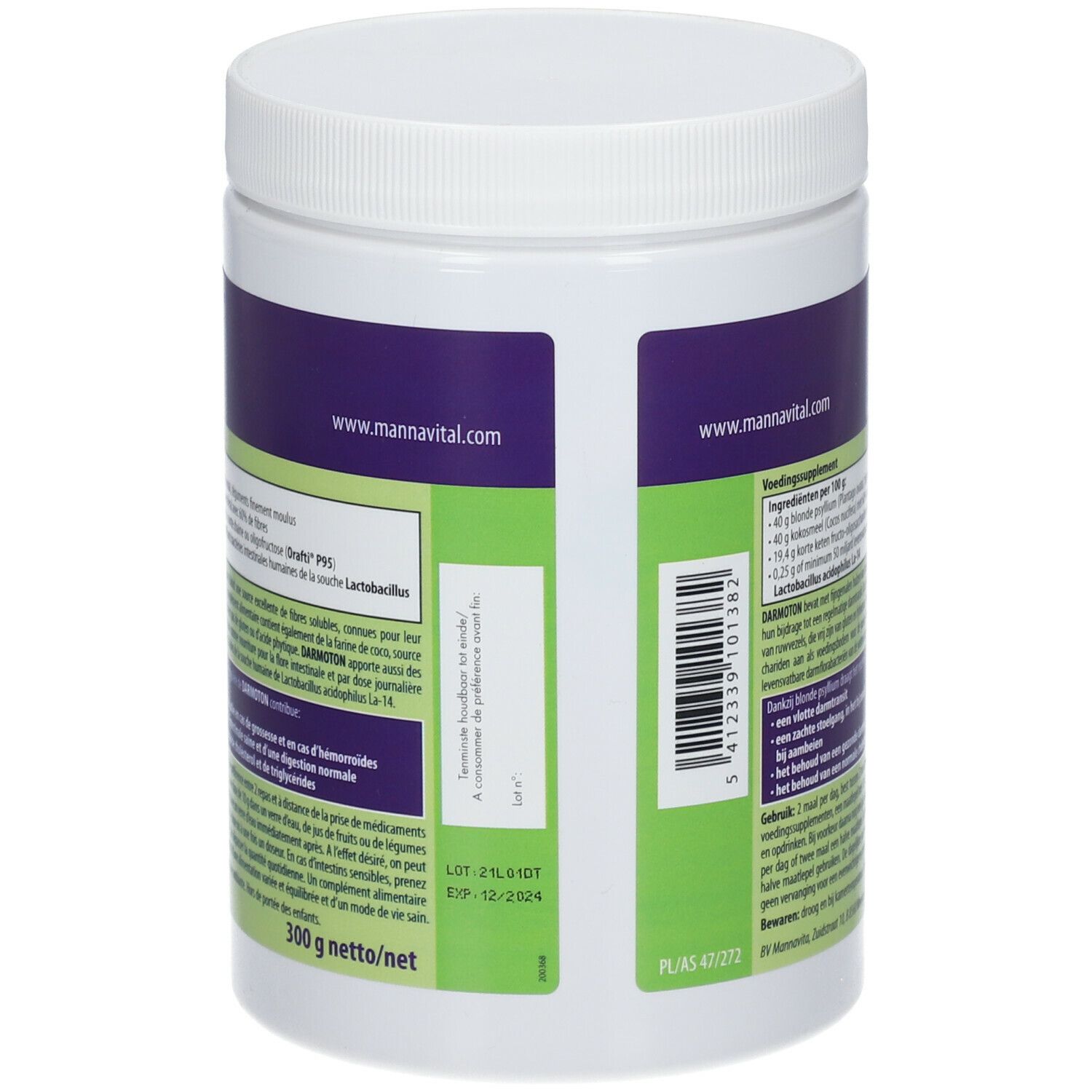 Produit blanc avec étiquettes violettes et vertes. Texte: www.mannavital.com, numéro de lot, date de péremption.