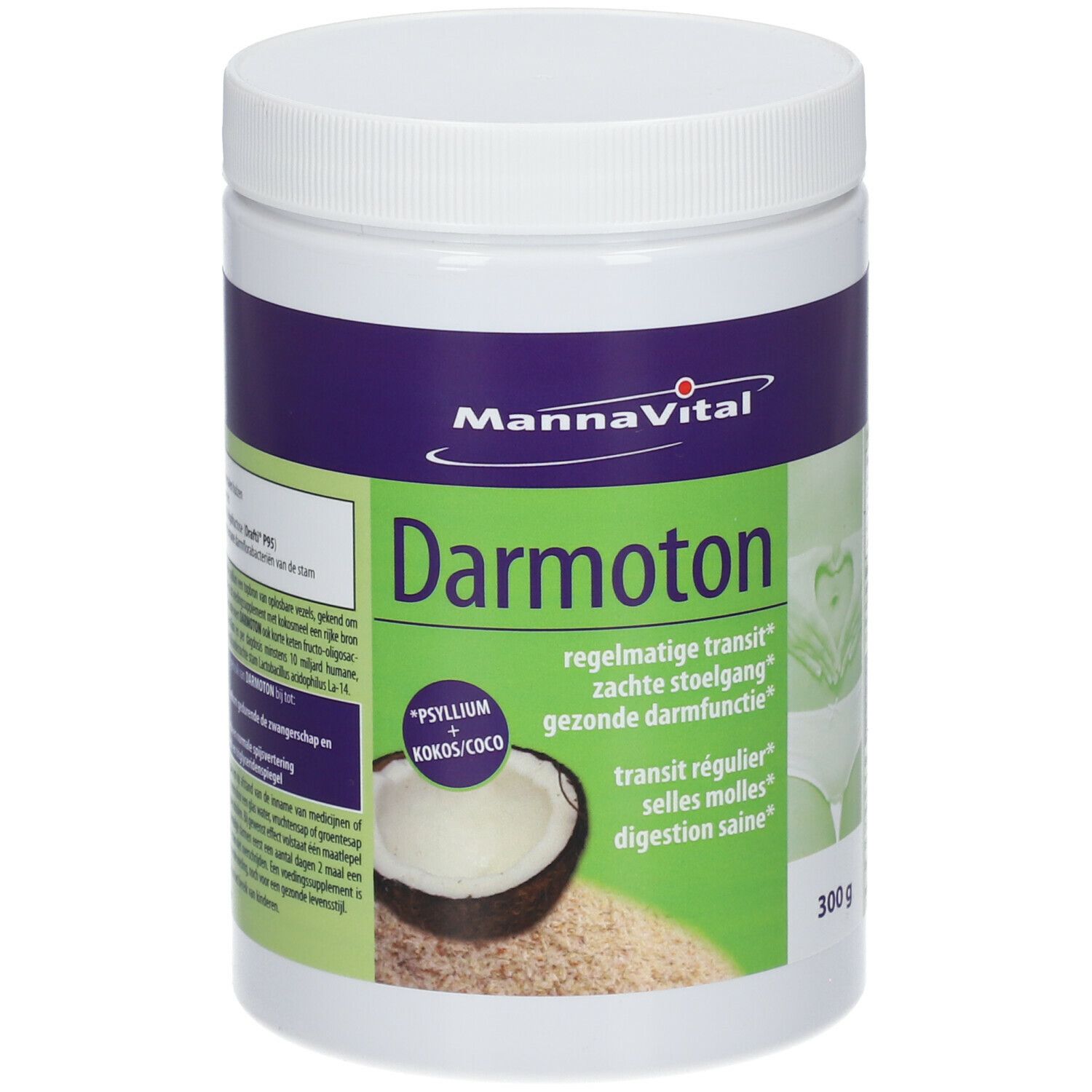 Produit blanc avec étiquettes violettes et vertes. Inscription: MannaVital Darmoton. Illustration de noix de coco. 300g.