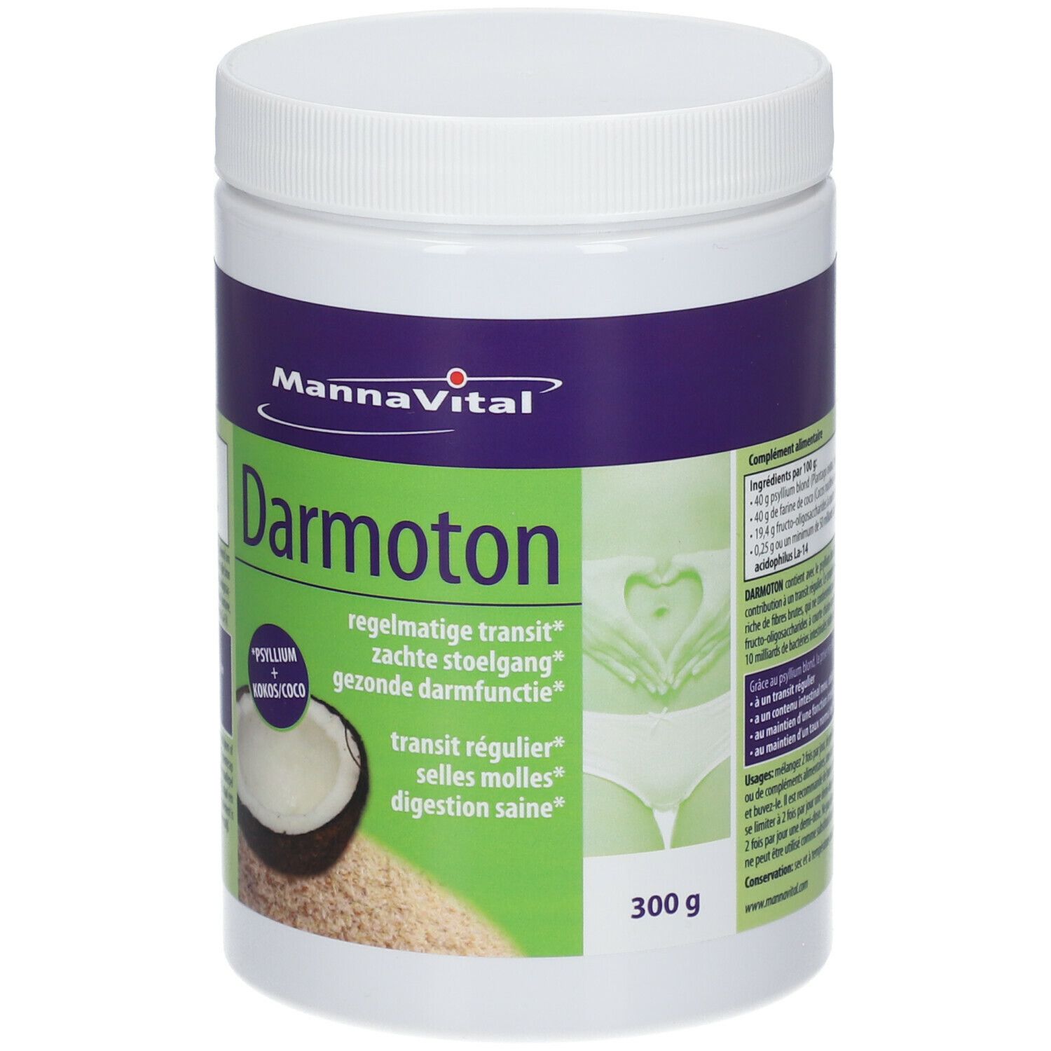 Produit blanc avec étiquettes violettes et vertes. Inscription: MannaVital Darmoton. Illustration du système digestif. 300g.