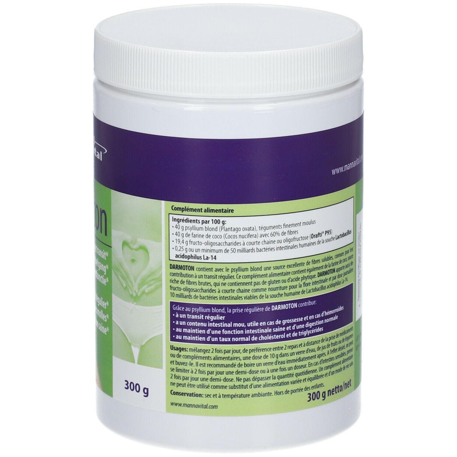 Produit blanc avec étiquettes violettes et vertes. Texte: Ingrédients, www.mannavital.com. Dos avec texte et illustration.