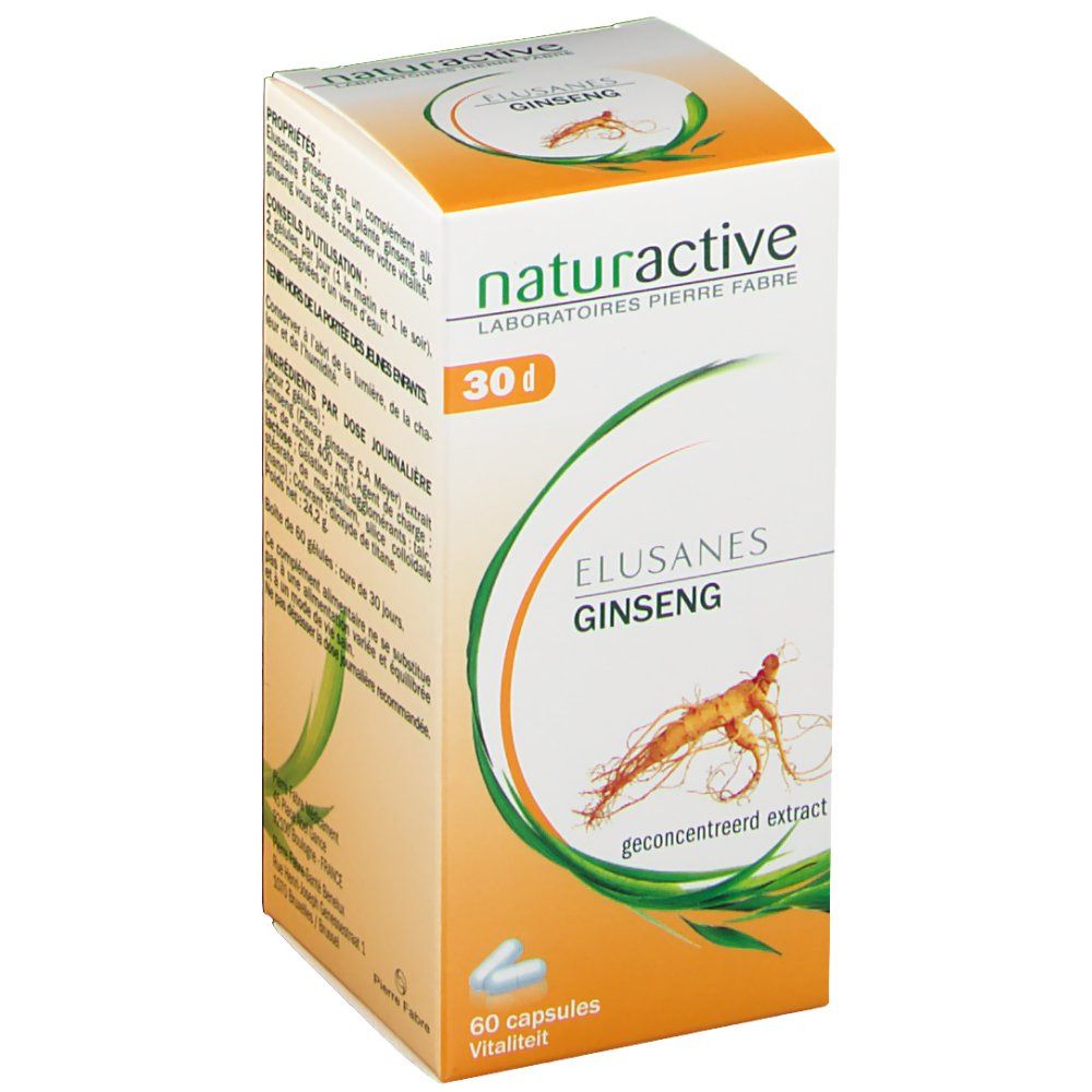 Emballage Elusanes Ginseng, vue oblique avant. Inscription: Naturactive, 30 d, 60 capsules. Illustration de racine de ginseng.