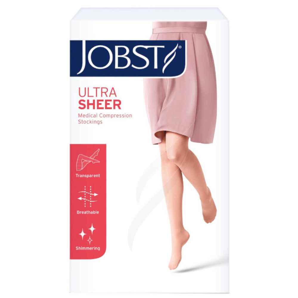 Jobst UltraSheer Kompressionsstrümpfe. Verpackung mit Produktabbildung. Eigenschaften: transparent, atmungsaktiv, schimmernd.