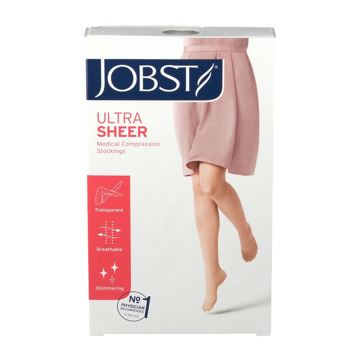 Verpackung von JOBST UltraSheer medizinischen Kompressionsstrümpfen. Aufdrucke: Transparent, atmungsaktiv, schimmernd. Abgebildet: Bein mit Strumpf.