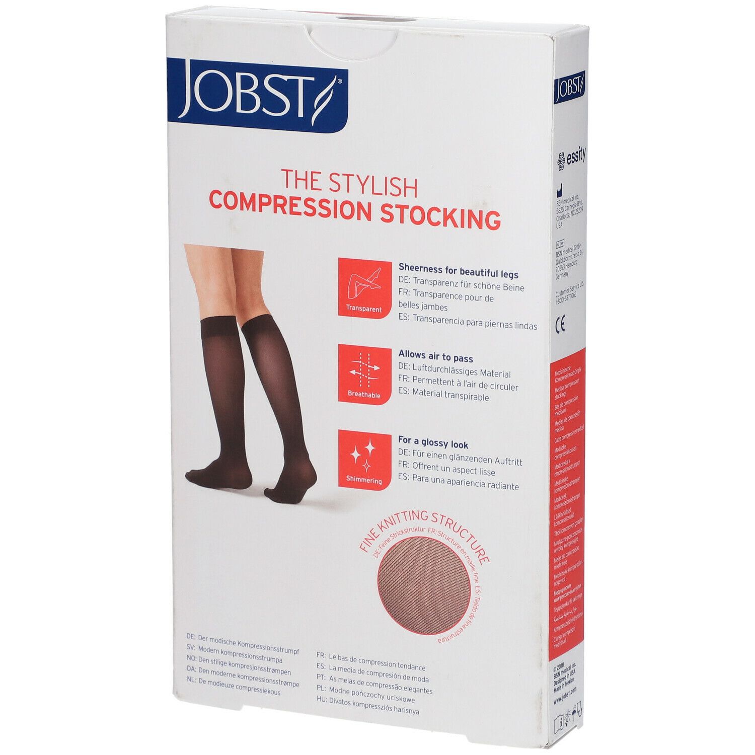 Emballage JOBST. Bas de compression noirs. Transparent, respirant, scintillant. Structure en tricot fin.