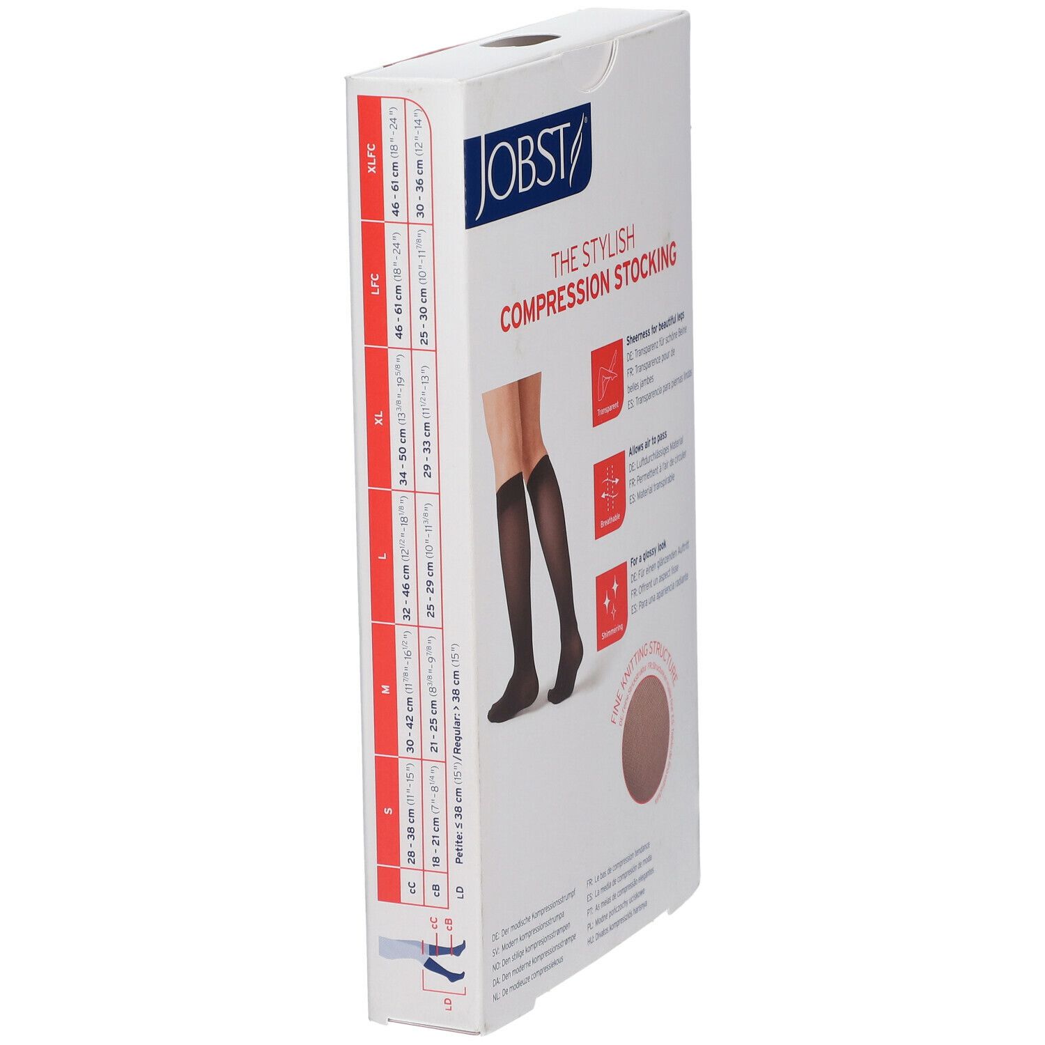 Emballage JOBST. Bas de compression noirs. Tailles. Transparent, respirant, scintillant.