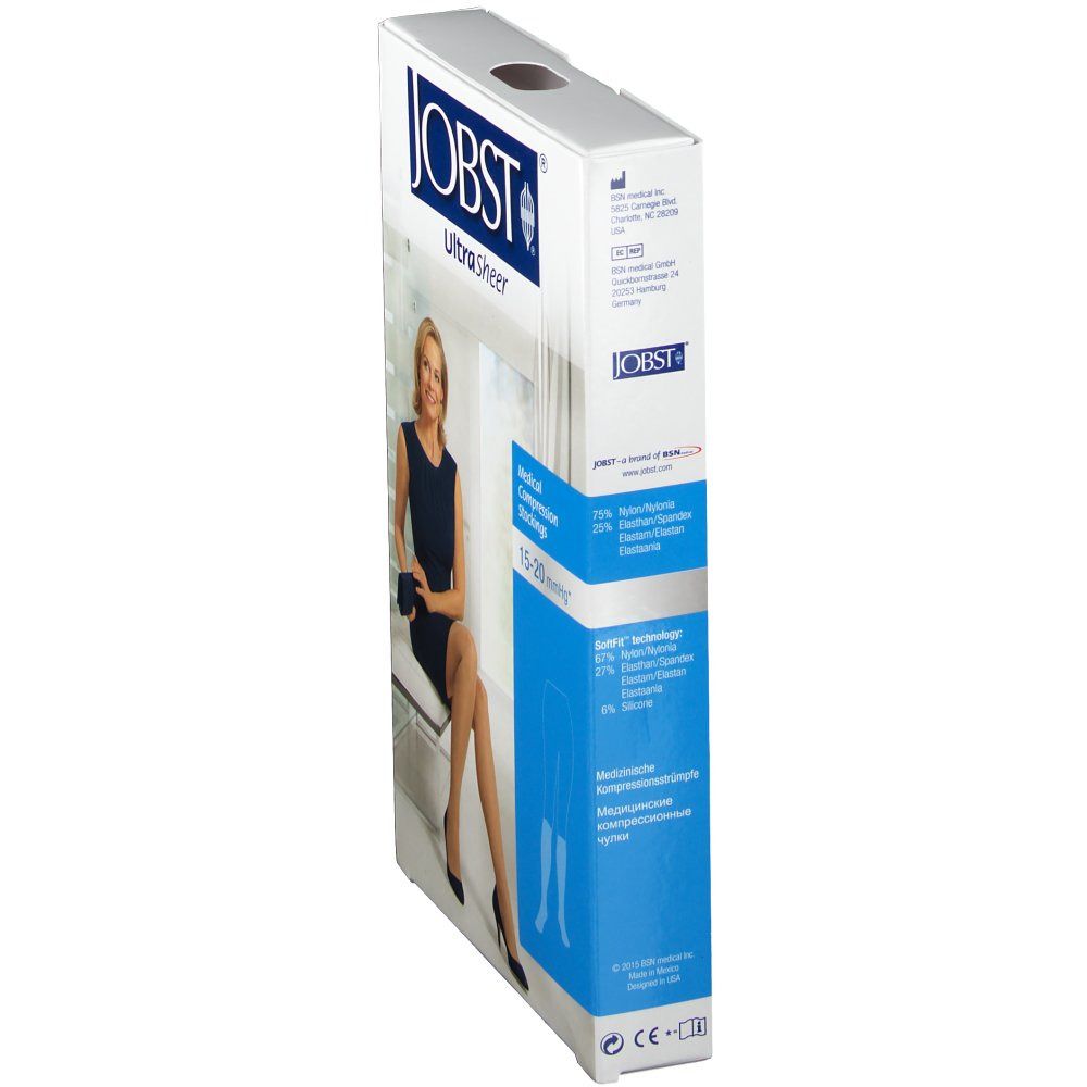 Emballage Jobst UltraSheer. Vue latérale. Femme portant des bas. Bas de compression médicale. 15-20 mmHg.