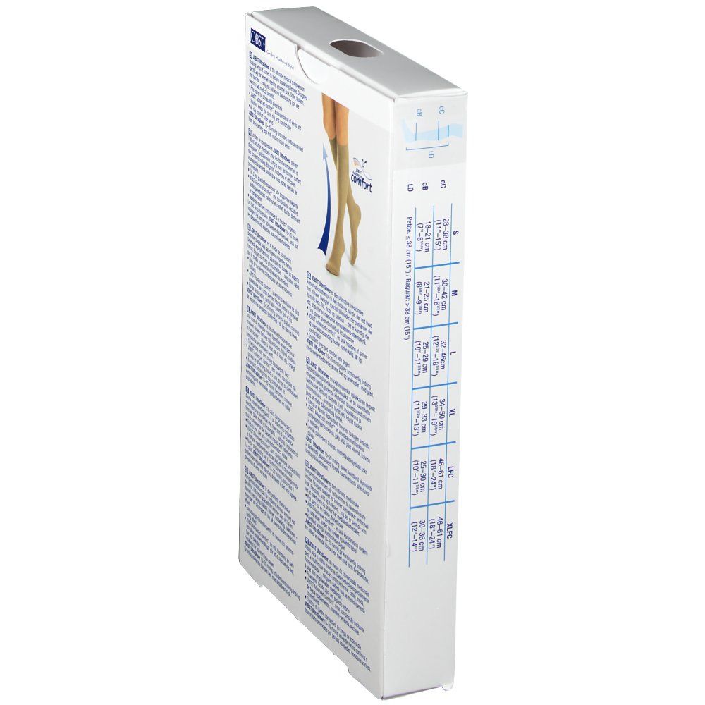 Emballage Jobst UltraSheer, vue latérale. Texte et tableau des tailles. Bas de compression médicale.