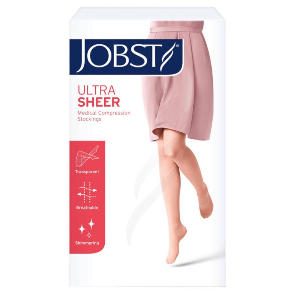 Jobst UltraSheer, bas de compression médicaux, emballage. Caractéristiques: transparent, respirant, scintillant. Jambe modèle.