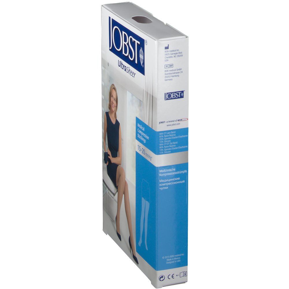Bas de contention Jobst Ultrasheer Kl1. Emballage, vue latérale. Image du produit et informations.
