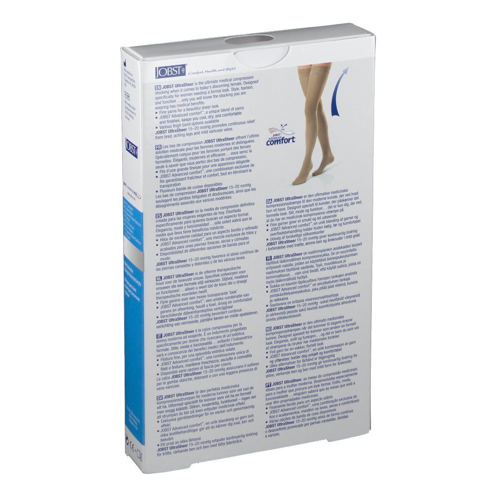 Bas de contention Jobst Ultrasheer Kl1. Emballage, dos avec informations produit en plusieurs langues.