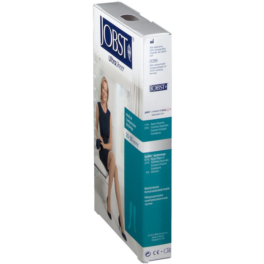 Boîte JOBST Ultra Sheer. Inscription: bas de compression médicale, 20-30 mmHg. Informations sur les matériaux et la technologie.