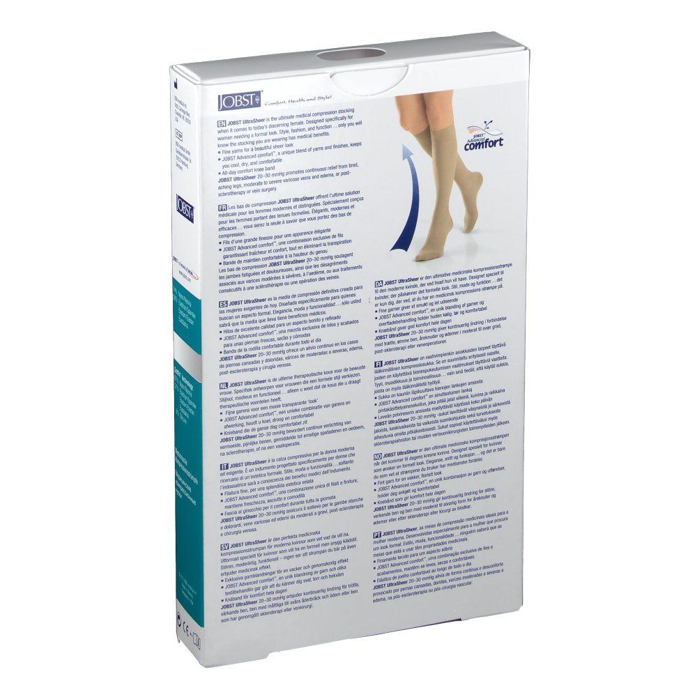 Dos de la boîte JOBST Ultra Sheer. Texte multilingue. Informations sur les bas de compression et leur utilisation.