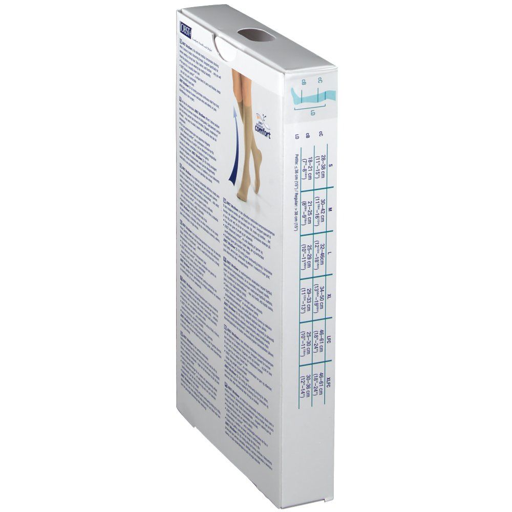 Côté de la boîte JOBST Ultra Sheer. Informations sur les tailles et l'ajustement. Illustration d'une jambe.