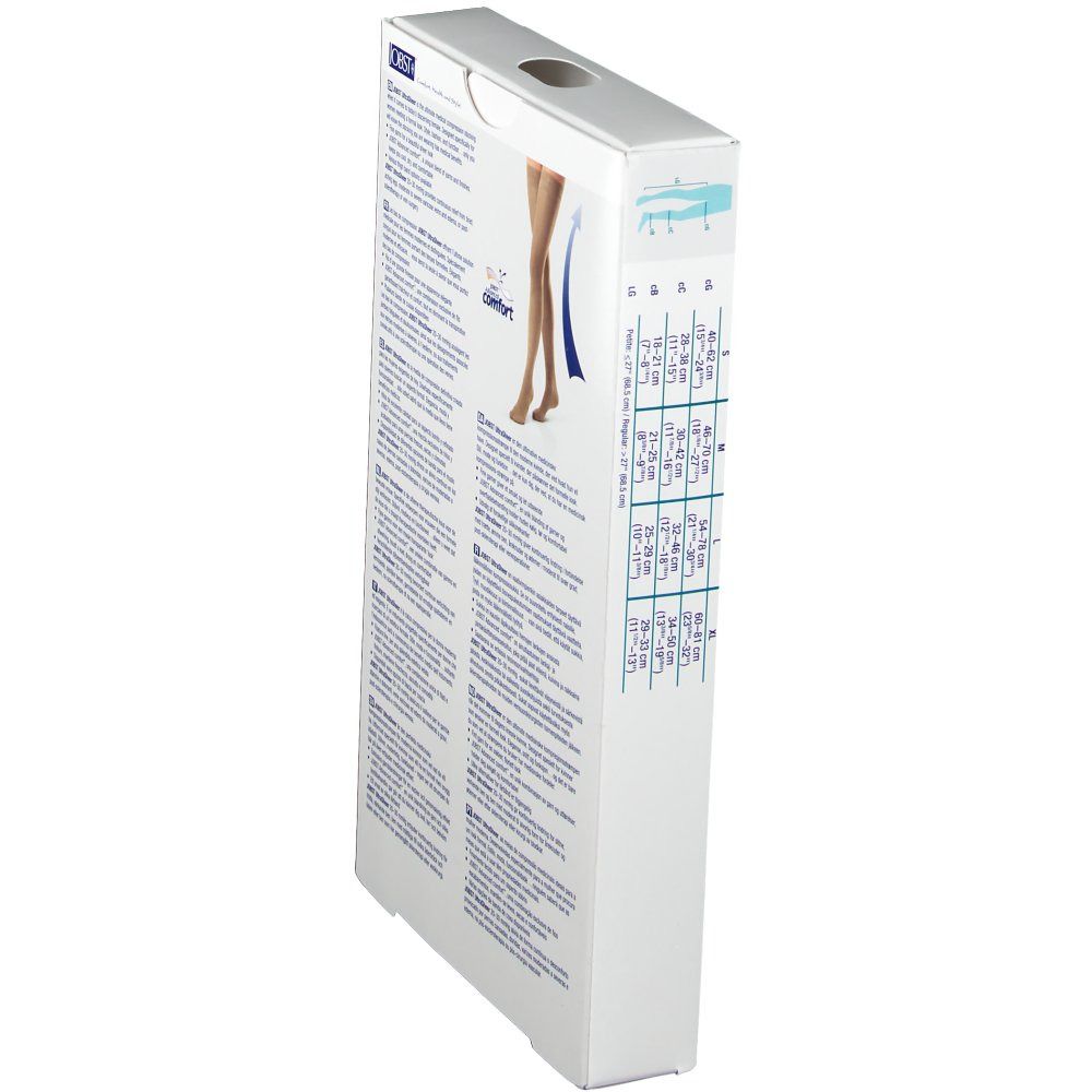 Côté de l'emballage des bas de compression JOBST UltraSheer. Texte en plusieurs langues. Tableau des tailles.