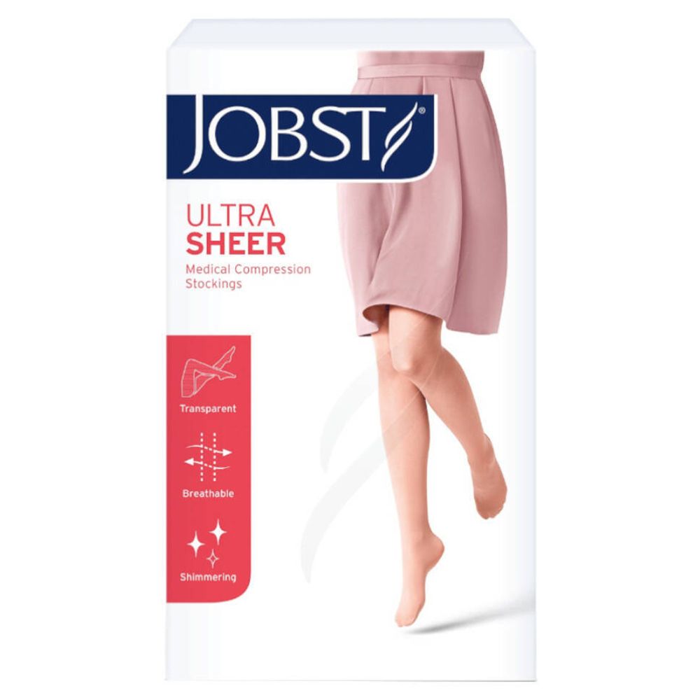 Emballage JOBST Ultrasheer. Caractéristiques : transparent, respirant, scintillant. Représentation : jambe avec bas.