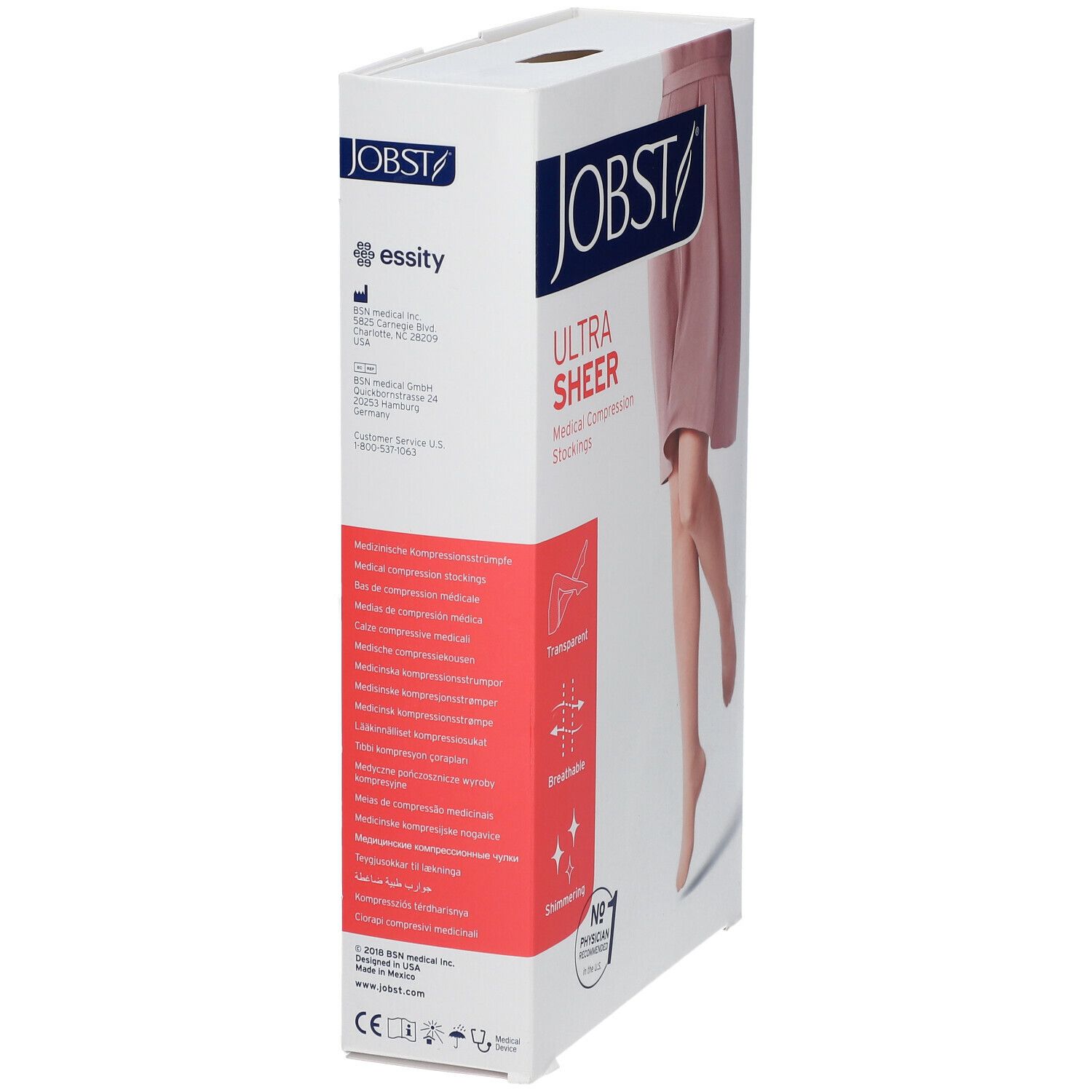 Verpakking JOBST Ultra Sheer compressiekousen. Transparant, ademend, glanzend. Nr. 1 aanbevolen door artsen. Rode tekst.