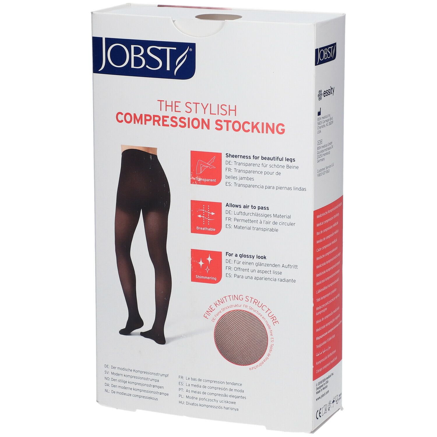 Verpakking JOBST The Stylish compressiekous. Zwart, fijne breistructuur. Voor mooie benen, ademend, glanzend.