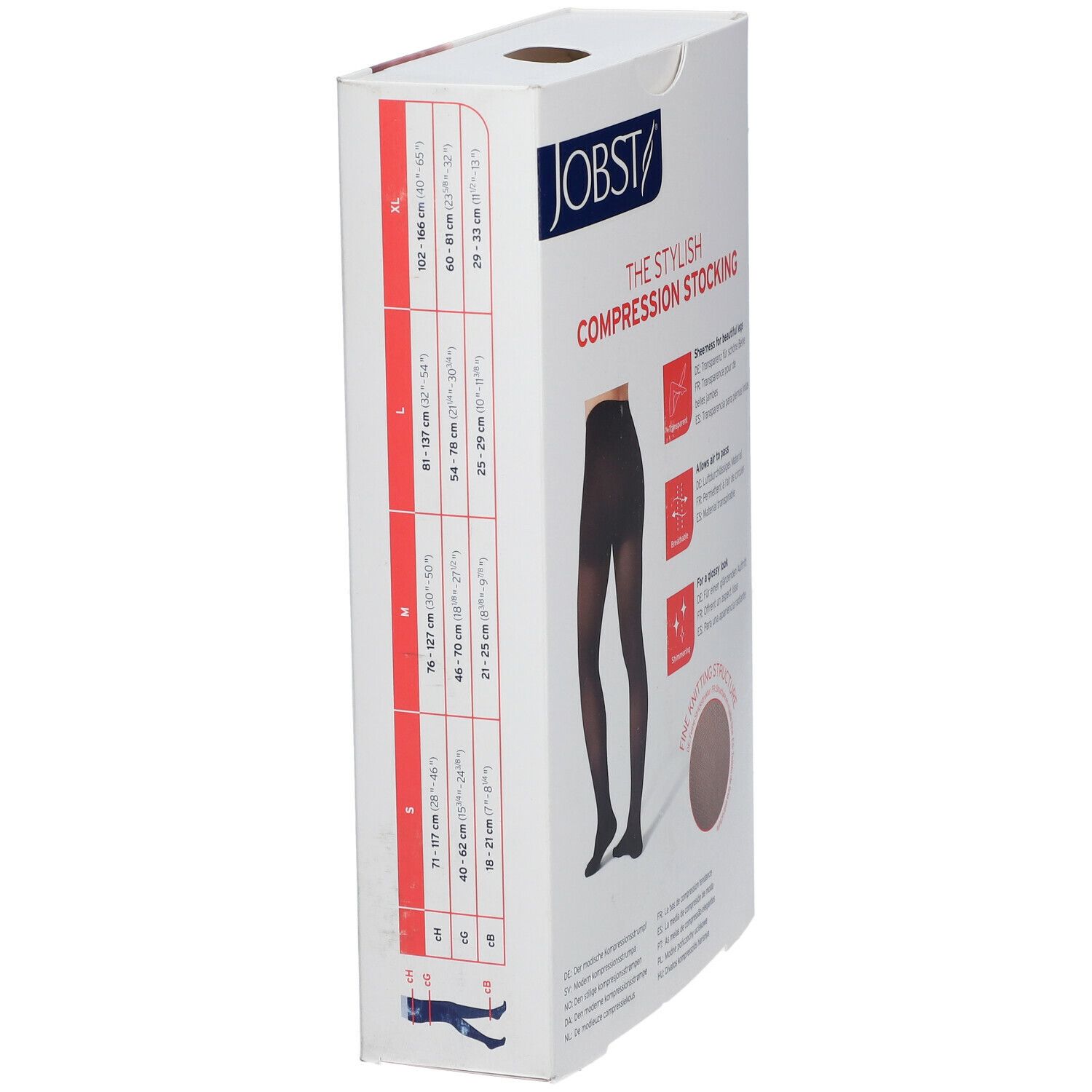 Verpakking JOBST The Stylish compressiekous. Zwart, maatindicaties. Voor mooie benen, ademend, glanzend.