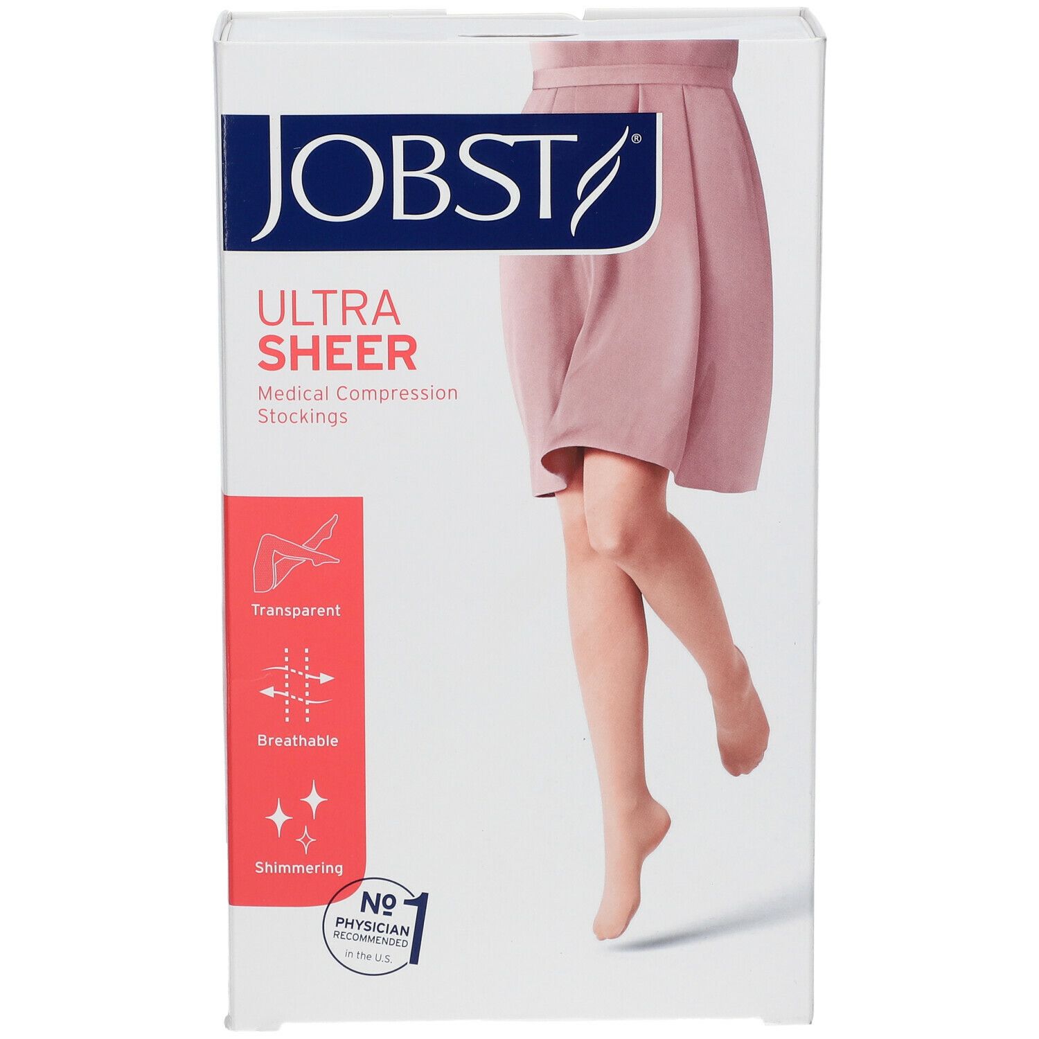 JOBST Ultra Sheer compressiekousen in verpakking. Transparant, ademend, glanzend. Nr. 1 aanbevolen door artsen.
