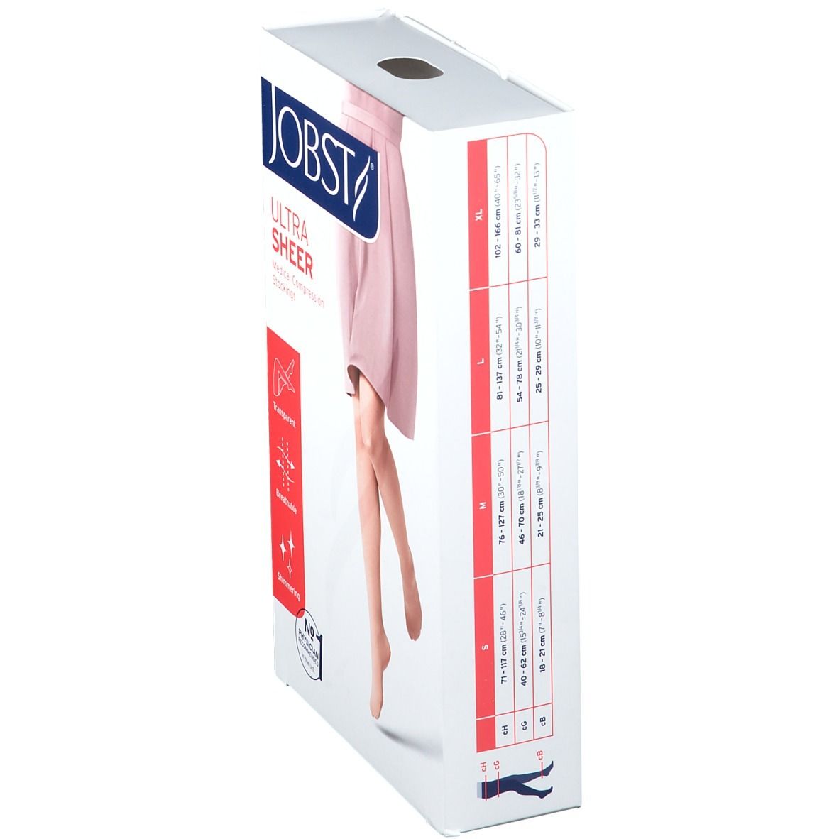 Boîte de bas de compression JOBST UltraSheer. Tableau des tailles sur le côté. Caractéristiques : transparent, respirant, scintillant. Recommandé par les médecins.