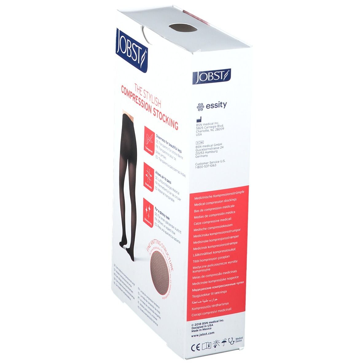 Boîte de bas de compression JOBST. Bas noirs sur l'emballage. Informations et certifications sur le côté.