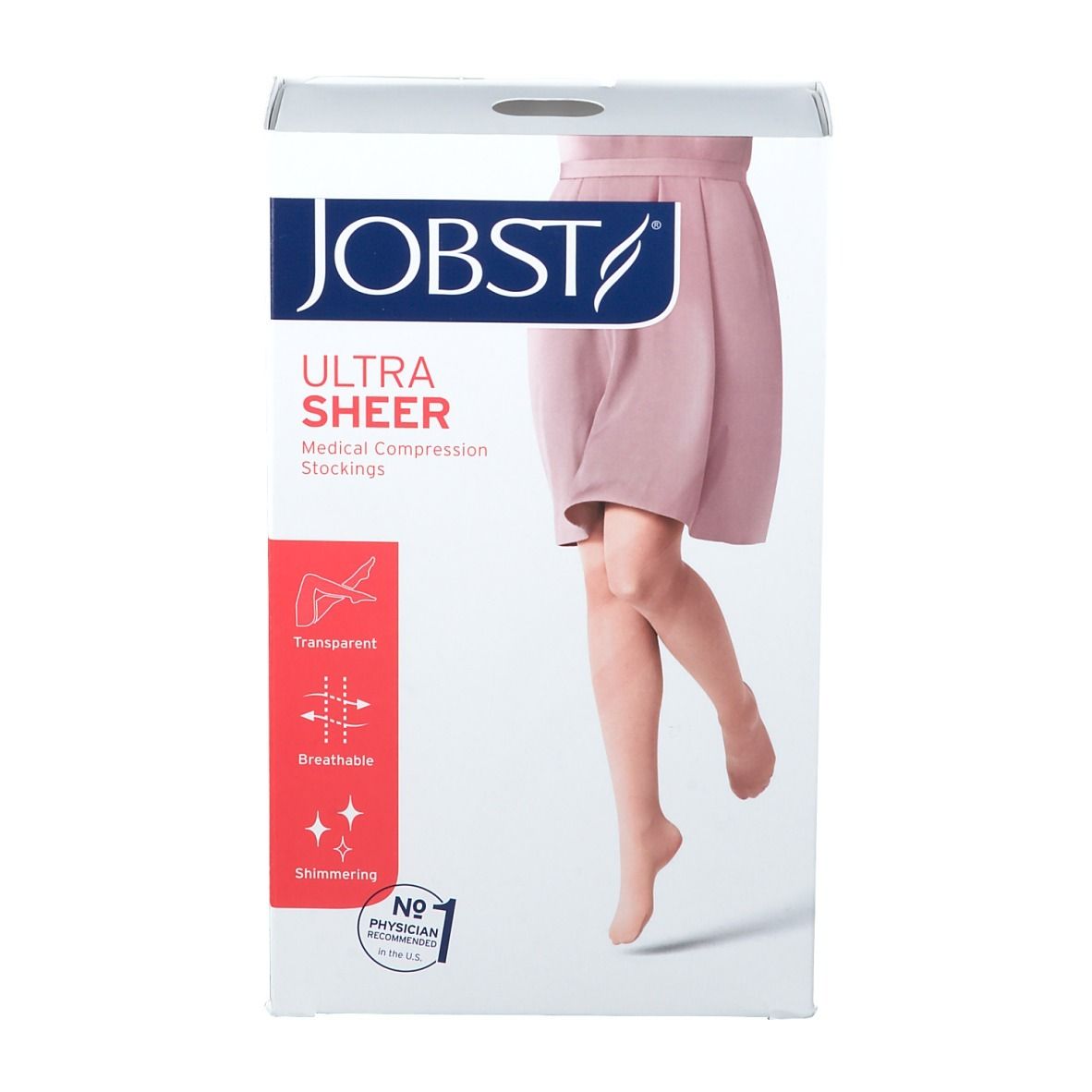 Boîte de bas de compression JOBST UltraSheer. Jambe avec bas. Caractéristiques : transparent, respirant, scintillant. Recommandé par les médecins.