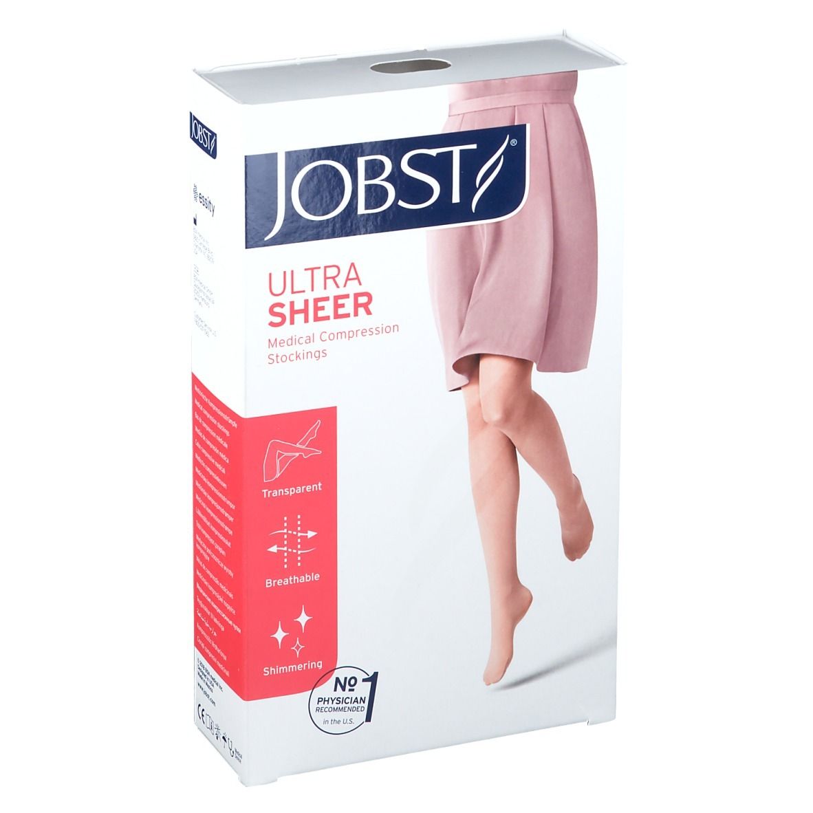 Bas de compression JOBST Ultra Sheer Suntan. Emballage avec image du produit et caractéristiques.