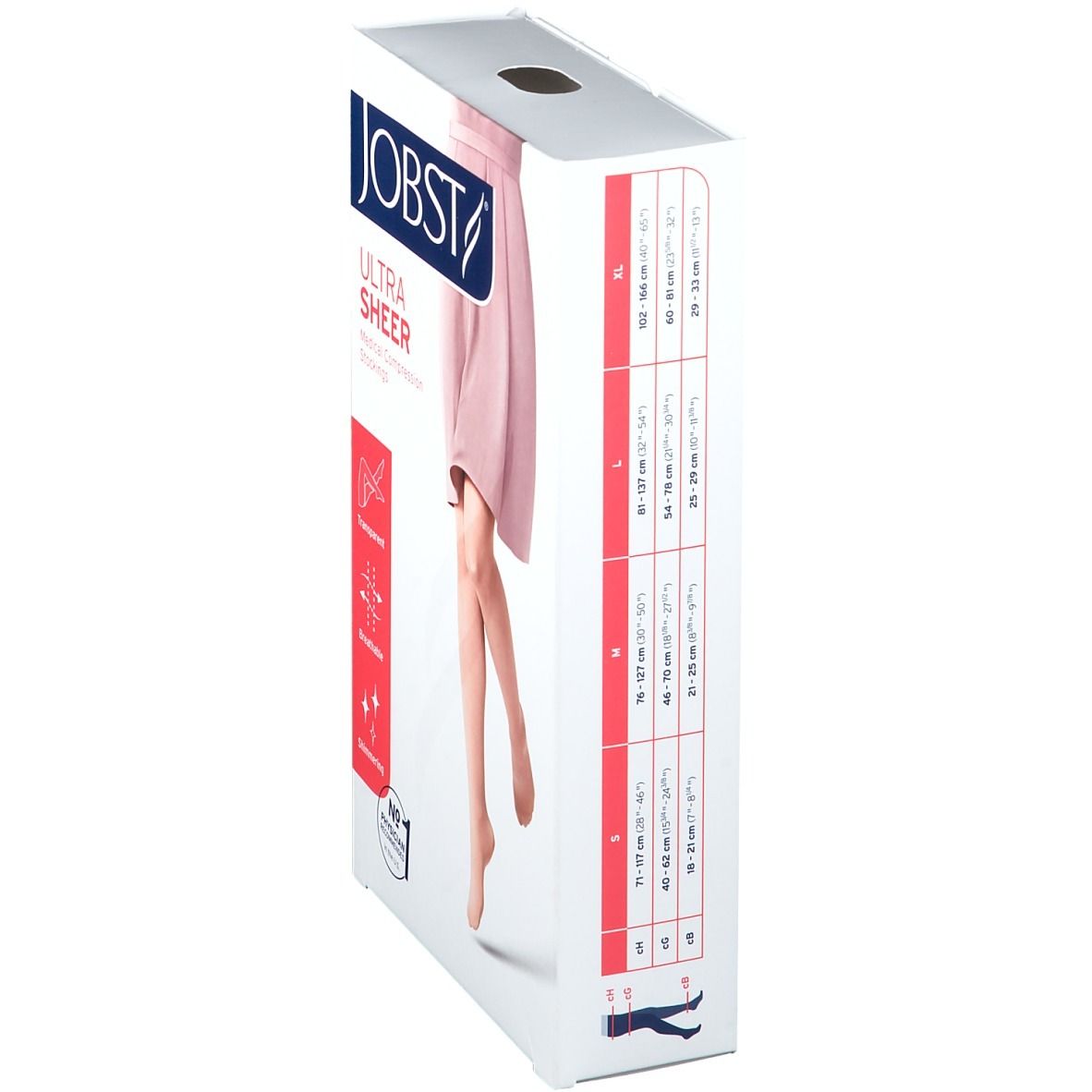 Bas de compression JOBST Ultra Sheer. Emballage avec indications de tailles et image du produit.