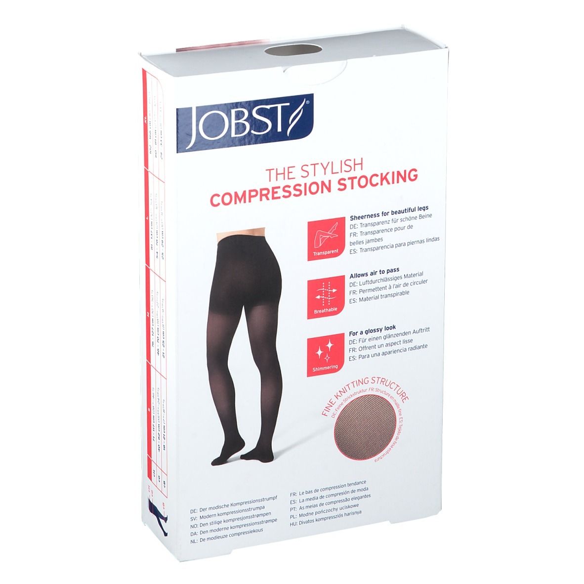 Bas de compression JOBST Ultra Sheer. Emballage avec image du produit et caractéristiques.