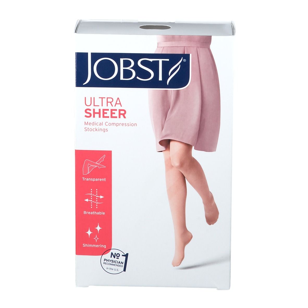 Bas de compression JOBST Ultra Sheer Suntan. Emballage avec image du produit et caractéristiques.