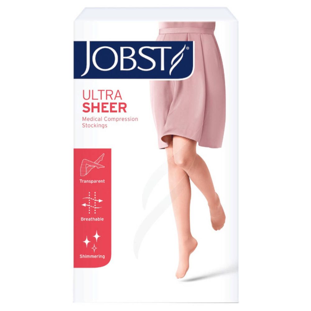 Boîte de bas de compression JOBST UltraSheer. Transparent, respirant, scintillant. Illustration d'une jambe.