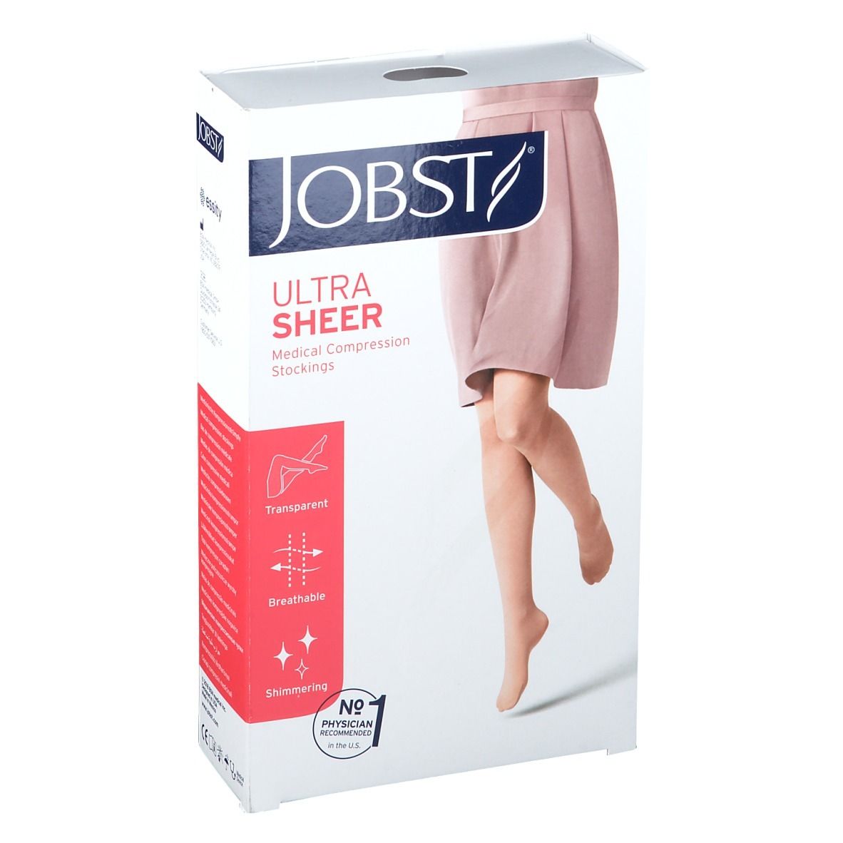 Emballage de bas de compression JOBST UltraSheer. Inscription : Transparent, respirant, scintillant. Recommandé par les médecins n°1.