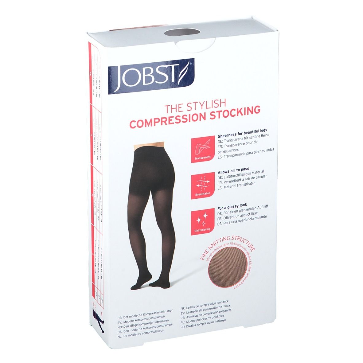 Emballage de bas de compression JOBST. Illustration : Bas noirs. Texte : Transparent, respirant, brillant. Structure fine.