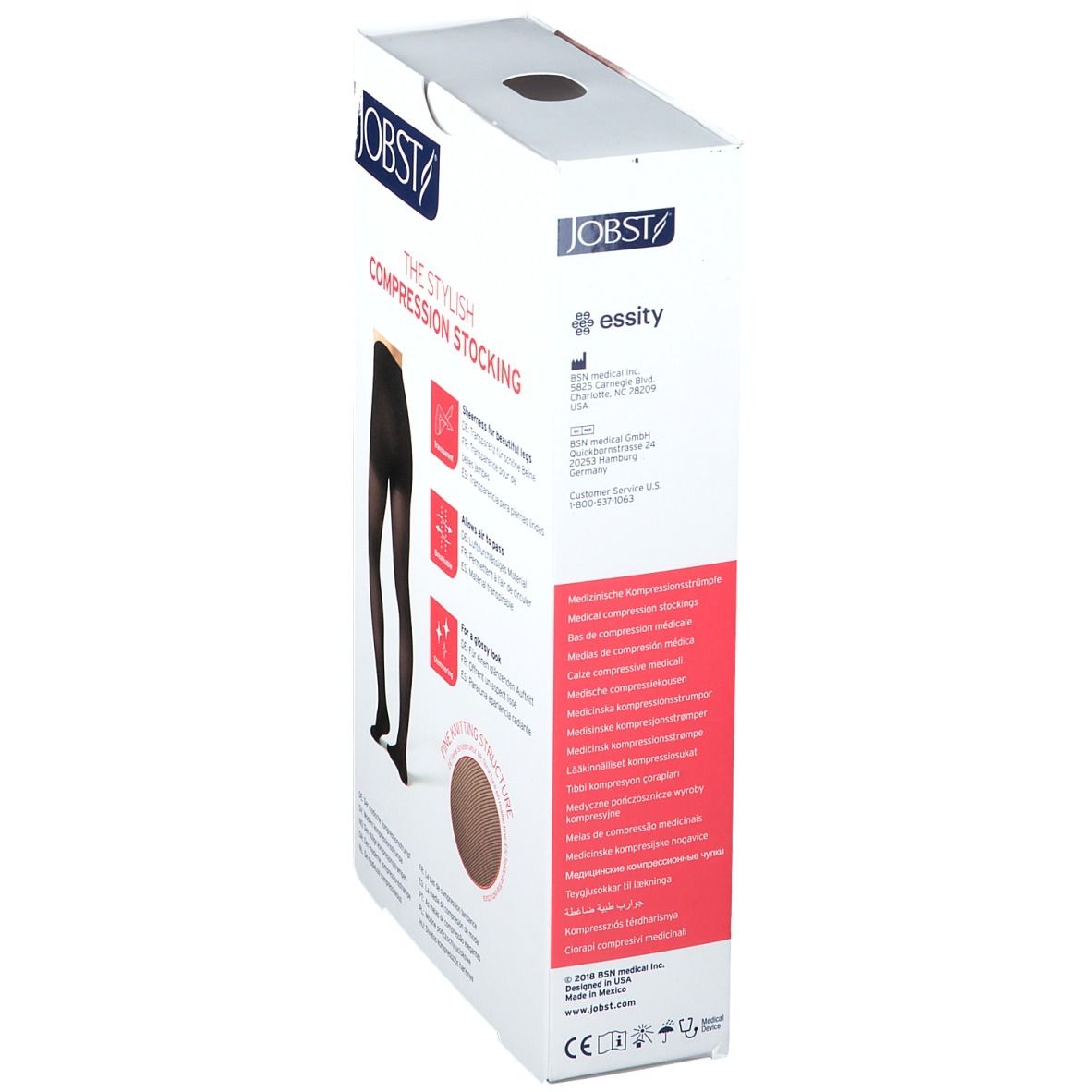 Vue latérale de l'emballage des bas de compression JOBST. Informations sur le produit et adresse du fabricant.