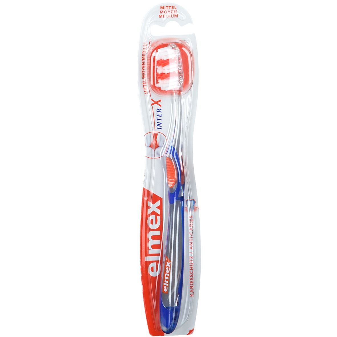 Tandenborstel met rode borstelkop en blauwe handgreep in blisterverpakking. Opschrift: elmex, INTER X, MITTEL.