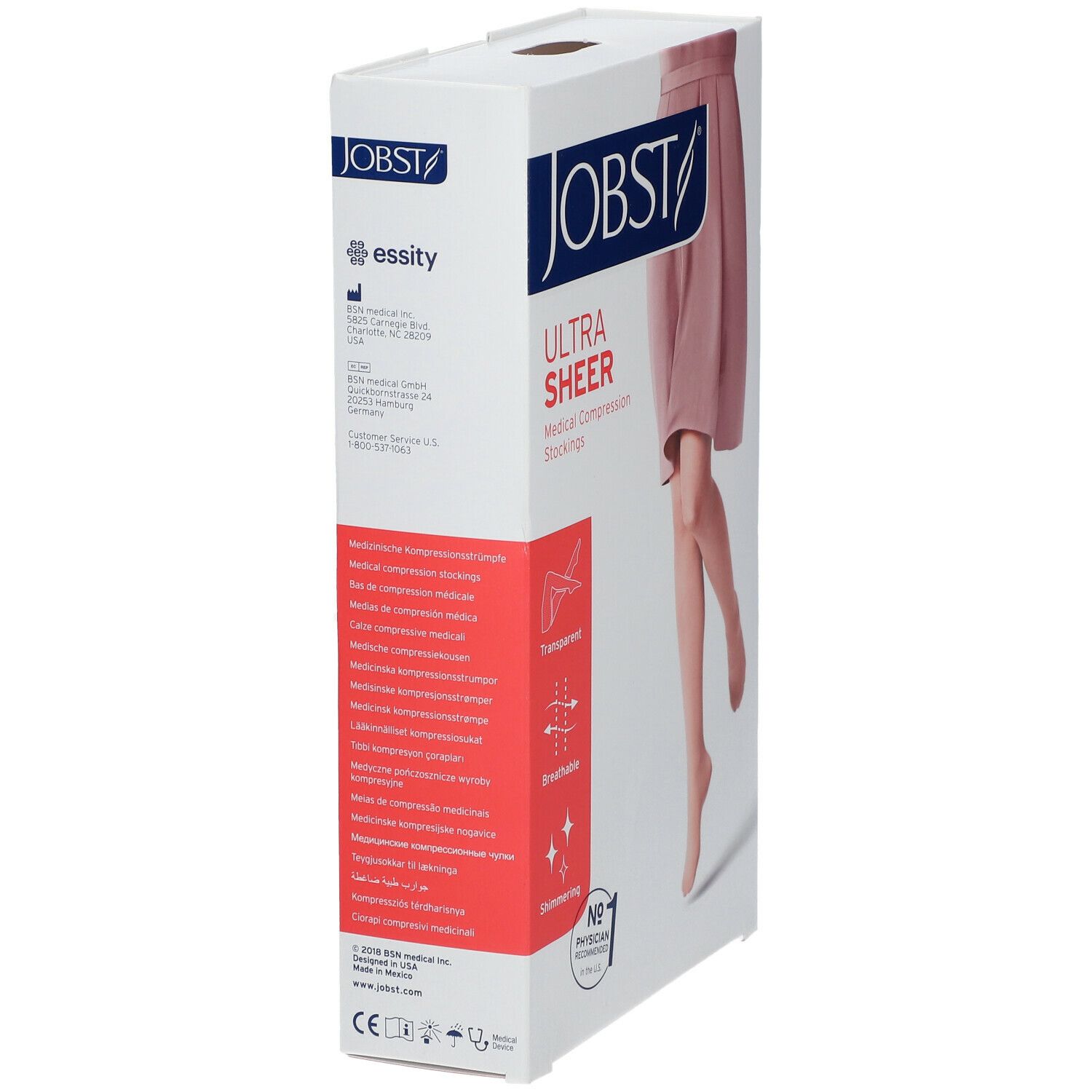 Boîte de bas de compression JOBST UltraSheer. Sur le côté : informations sur le produit, marquage CE, logo essity et autres textes.