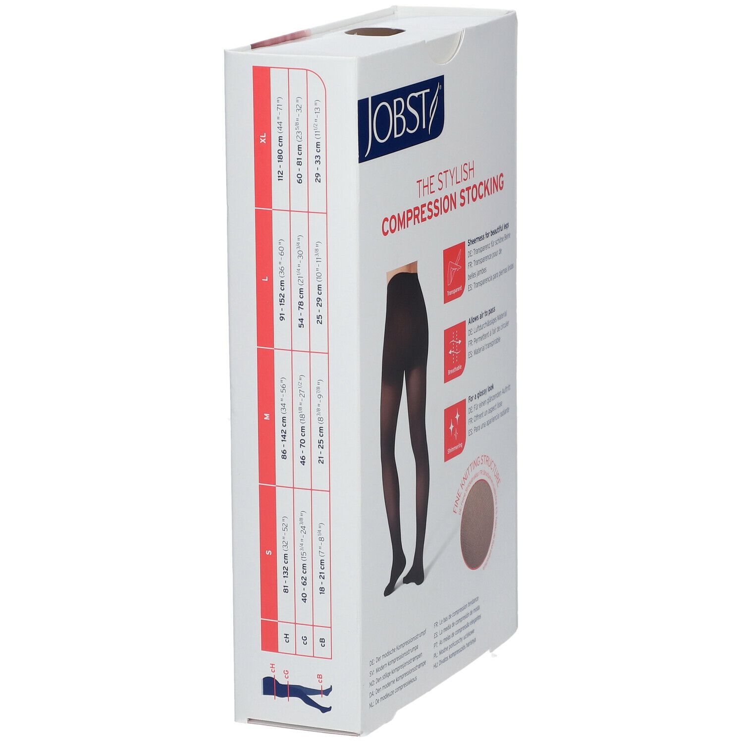 Côté de la boîte de bas de compression JOBST. Montre un tableau des tailles et des illustrations d'utilisation. Collant noir illustré.
