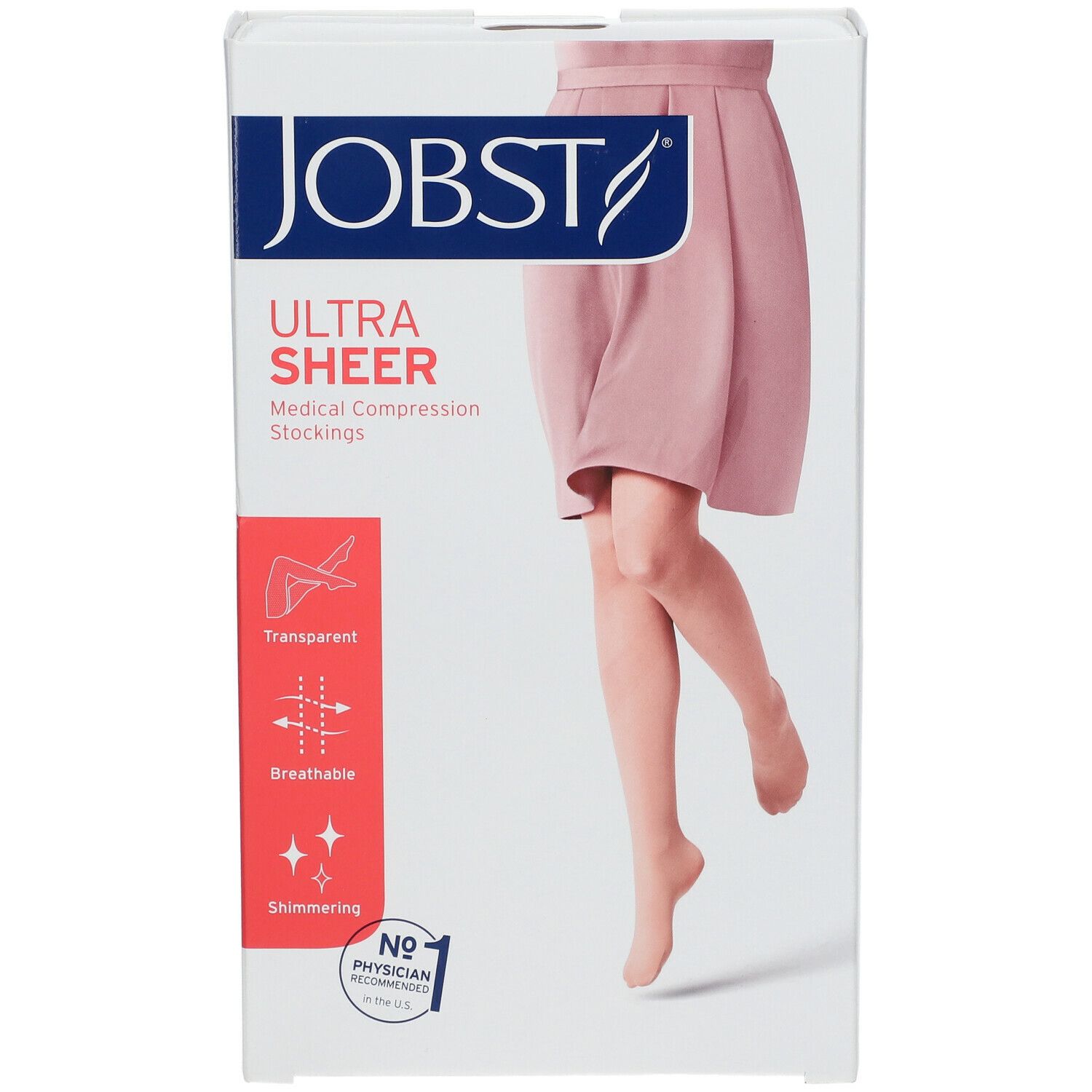 Boîte de bas de compression médicale JOBST UltraSheer. Caractéristiques : transparent, respirant, scintillant. Recommandé par les médecins.